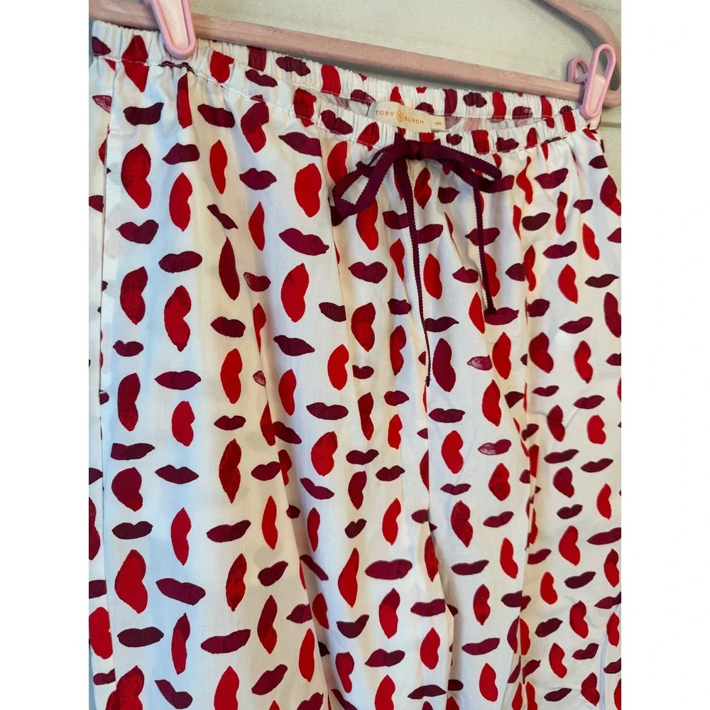 Tory Burch Red Burgundy Lip Print Cotton Pajama Pant M Valentine Kiss Sleepwear